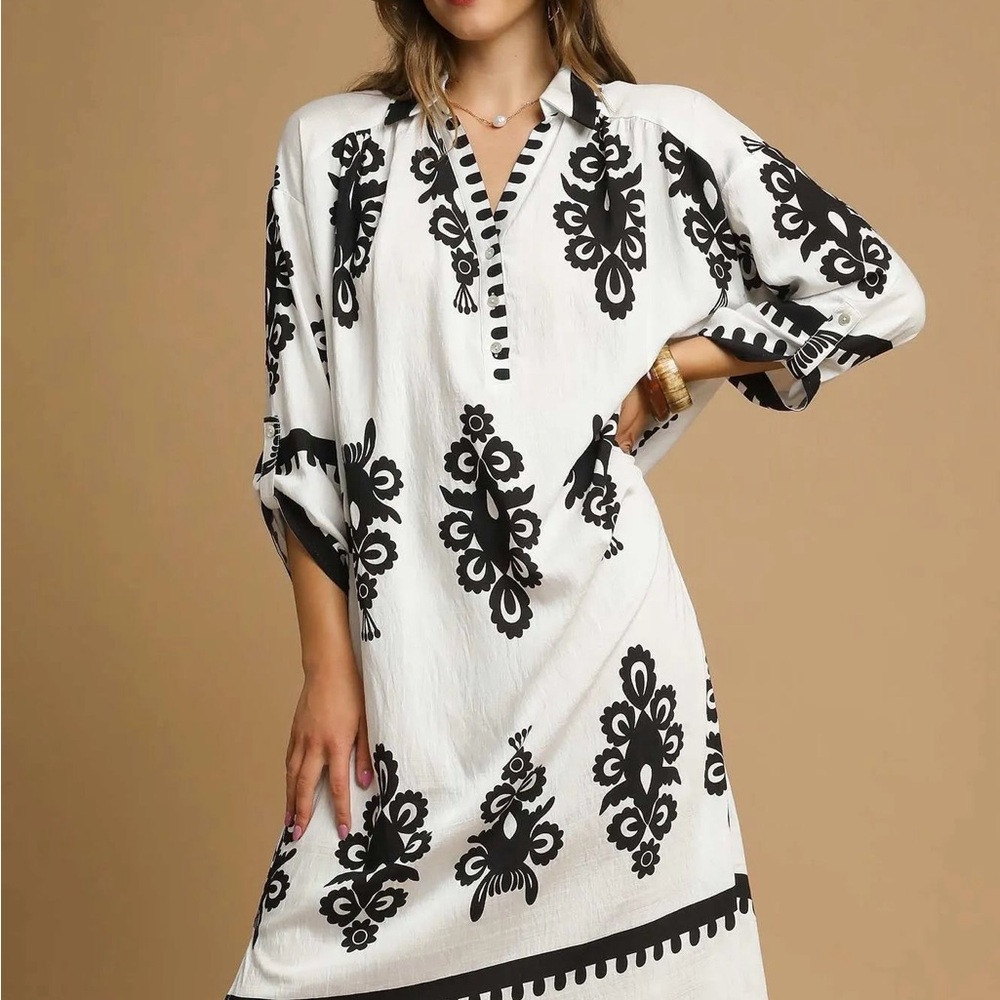 Umgee Black and White Patterned Midi Dress New L